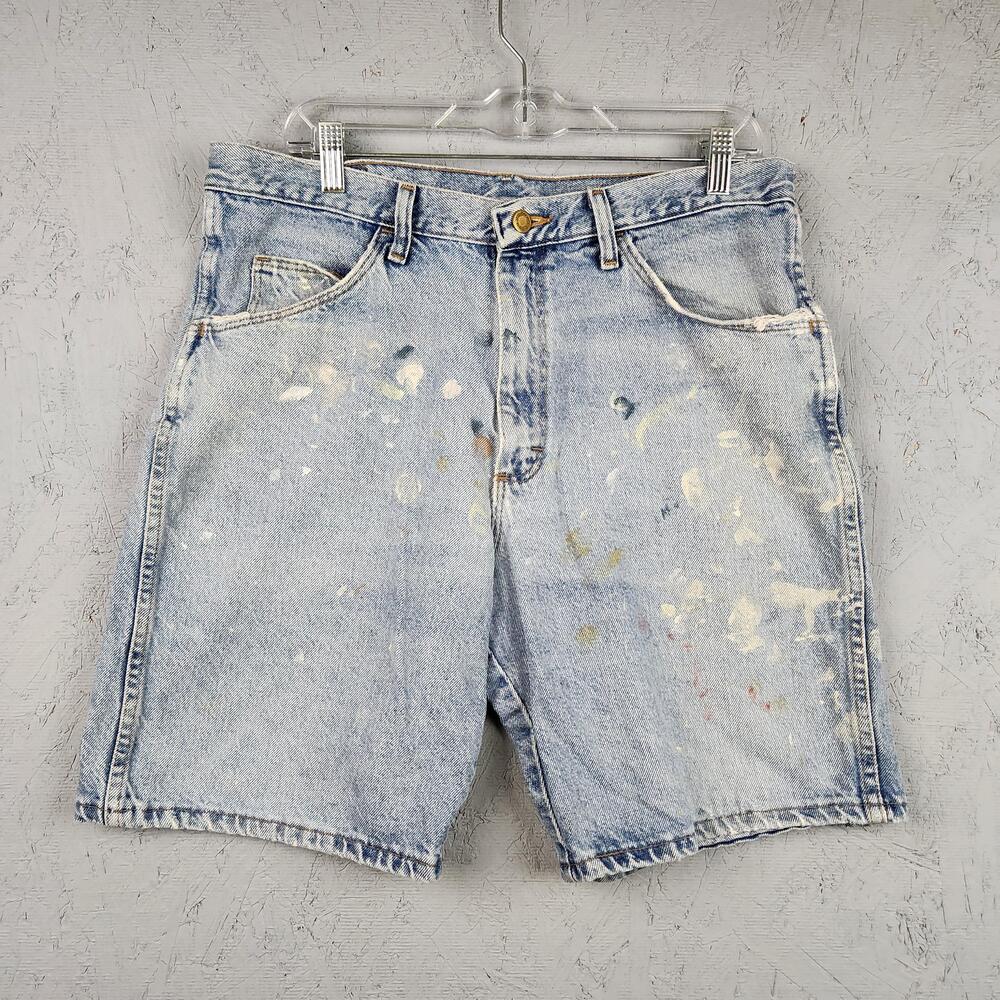 Wrangler Shorts Mens Large Blue Denim Painters Paint Splatter Distressed Light